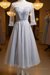 Round Neck Long Sleeves Blue Semi Formal Prom Dresses, Long Sleeves Blue Formal Bridesmaid Evening Dresses